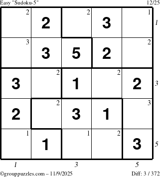 The grouppuzzles.com Easy Sudoku-5 puzzle for Sunday November 9, 2025, suitable for printing, with all 3 steps marked
