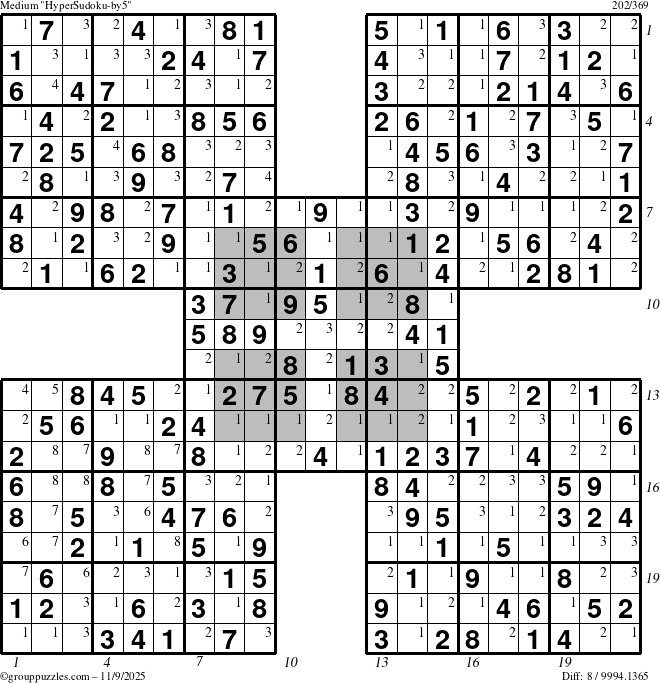 The grouppuzzles.com Medium HyperSudoku-by5 puzzle for Sunday November 9, 2025, suitable for printing, with all 8 steps marked