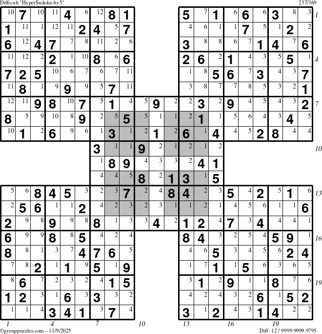 The grouppuzzles.com Difficult HyperSudoku-by5 puzzle for Sunday November 9, 2025, suitable for printing, with all 12 steps marked