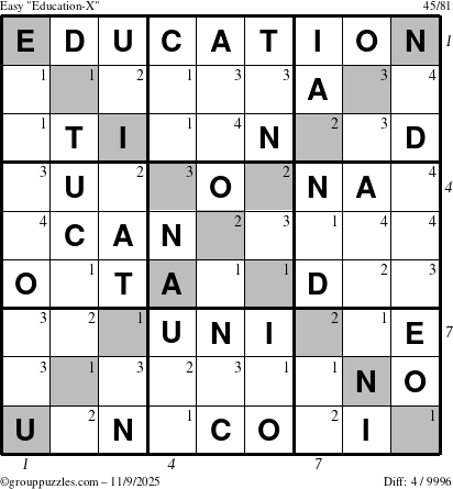 The grouppuzzles.com Easy Education-X puzzle for Sunday November 9, 2025, suitable for printing, with all 4 steps marked