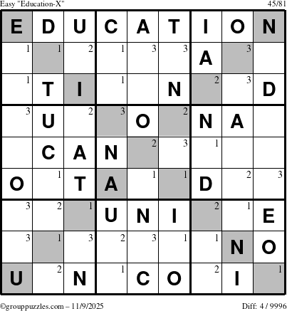 The grouppuzzles.com Easy Education-X puzzle for Sunday November 9, 2025 with the first 3 steps marked