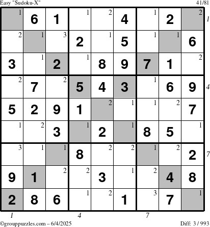 The grouppuzzles.com Easy Sudoku-X puzzle for Wednesday June 4, 2025, suitable for printing, with all 3 steps marked