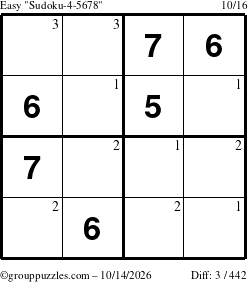 The grouppuzzles.com Easy Sudoku-4-5678 puzzle for Wednesday October 14, 2026 with the first 3 steps marked
