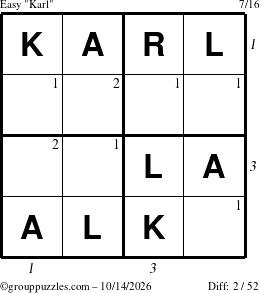 The grouppuzzles.com Easy Karl puzzle for Wednesday October 14, 2026 with all 2 steps marked
