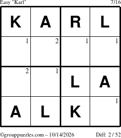 The grouppuzzles.com Easy Karl puzzle for Wednesday October 14, 2026 with the first 2 steps marked