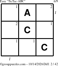 The grouppuzzles.com Easy TicTac-ABC puzzle for Wednesday October 14, 2026 with all 2 steps marked