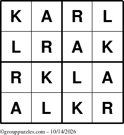 The grouppuzzles.com Answer grid for the Karl puzzle for Wednesday October 14, 2026