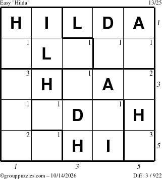 The grouppuzzles.com Easy Hilda puzzle for Wednesday October 14, 2026, suitable for printing, with all 3 steps marked