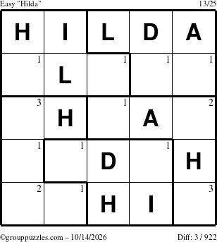 The grouppuzzles.com Easy Hilda puzzle for Wednesday October 14, 2026 with the first 3 steps marked