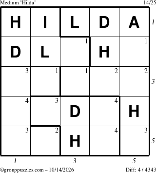 The grouppuzzles.com Medium Hilda puzzle for Wednesday October 14, 2026 with all 4 steps marked