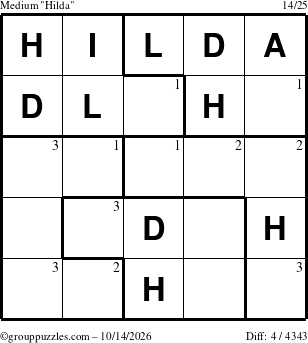The grouppuzzles.com Medium Hilda puzzle for Wednesday October 14, 2026 with the first 3 steps marked