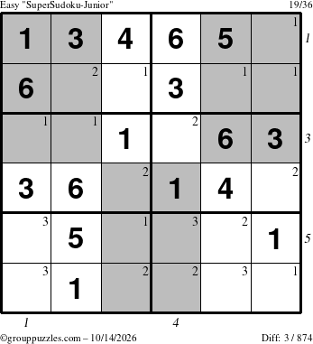 The grouppuzzles.com Easy SuperSudoku-Junior puzzle for Wednesday October 14, 2026, suitable for printing, with all 3 steps marked