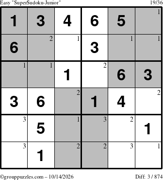 The grouppuzzles.com Easy SuperSudoku-Junior puzzle for Wednesday October 14, 2026 with the first 3 steps marked