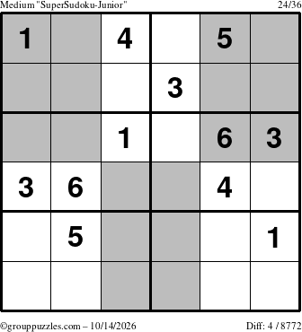 The grouppuzzles.com Medium SuperSudoku-Junior puzzle for Wednesday October 14, 2026