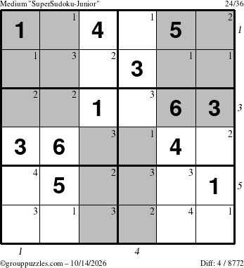 The grouppuzzles.com Medium SuperSudoku-Junior puzzle for Wednesday October 14, 2026 with all 4 steps marked
