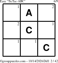 The grouppuzzles.com Easy TicTac-ABC puzzle for Wednesday October 14, 2026 with the first 2 steps marked