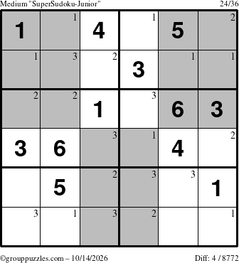 The grouppuzzles.com Medium SuperSudoku-Junior puzzle for Wednesday October 14, 2026 with the first 3 steps marked