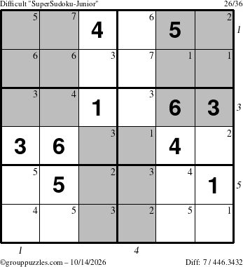 The grouppuzzles.com Difficult SuperSudoku-Junior puzzle for Wednesday October 14, 2026 with all 7 steps marked