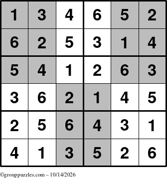 The grouppuzzles.com Answer grid for the SuperSudoku-Junior puzzle for Wednesday October 14, 2026