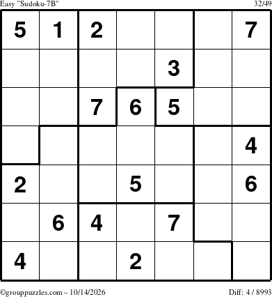 The grouppuzzles.com Easy Sudoku-7B puzzle for Wednesday October 14, 2026