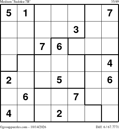 The grouppuzzles.com Medium Sudoku-7B puzzle for Wednesday October 14, 2026