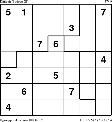 The grouppuzzles.com Difficult Sudoku-7B puzzle for Wednesday October 14, 2026