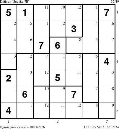 The grouppuzzles.com Difficult Sudoku-7B puzzle for Wednesday October 14, 2026, suitable for printing, with all 12 steps marked
