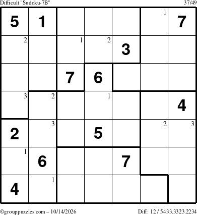 The grouppuzzles.com Difficult Sudoku-7B puzzle for Wednesday October 14, 2026 with the first 3 steps marked