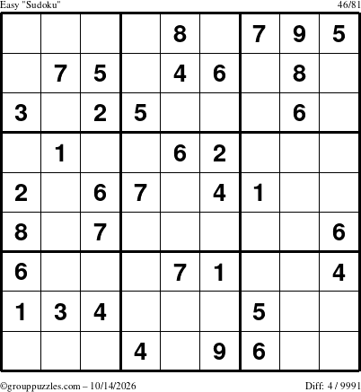 The grouppuzzles.com Easy Sudoku puzzle for Wednesday October 14, 2026