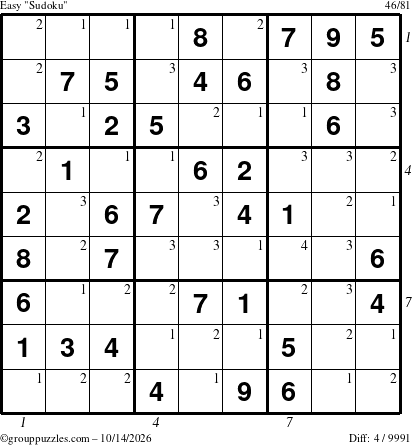 The grouppuzzles.com Easy Sudoku puzzle for Wednesday October 14, 2026 with all 4 steps marked
