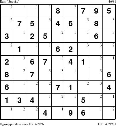 The grouppuzzles.com Easy Sudoku puzzle for Wednesday October 14, 2026 with the first 3 steps marked