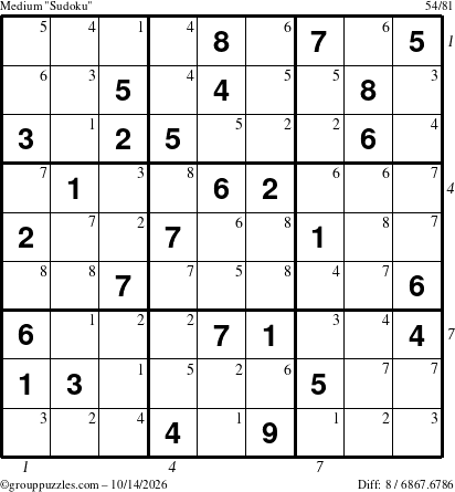 The grouppuzzles.com Medium Sudoku puzzle for Wednesday October 14, 2026 with all 8 steps marked