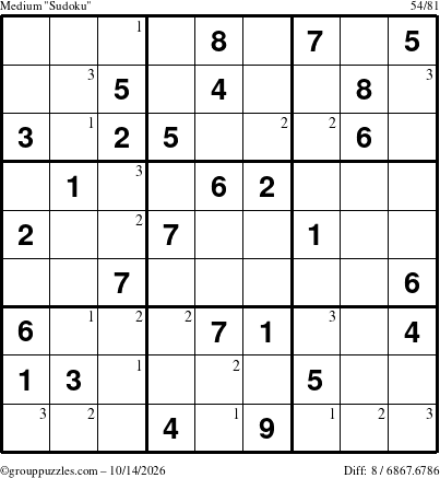 The grouppuzzles.com Medium Sudoku puzzle for Wednesday October 14, 2026 with the first 3 steps marked