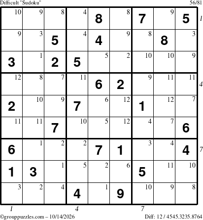 The grouppuzzles.com Difficult Sudoku puzzle for Wednesday October 14, 2026 with all 12 steps marked