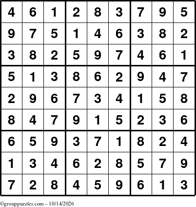 The grouppuzzles.com Answer grid for the Sudoku puzzle for Wednesday October 14, 2026