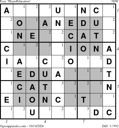 The grouppuzzles.com Easy HyperEducation-i23 puzzle for Wednesday October 14, 2026, suitable for printing, with all 3 steps marked