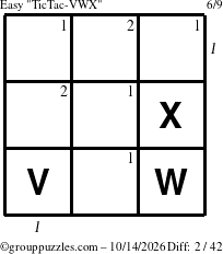 The grouppuzzles.com Easy TicTac-VWX puzzle for Wednesday October 14, 2026, suitable for printing, with all 2 steps marked