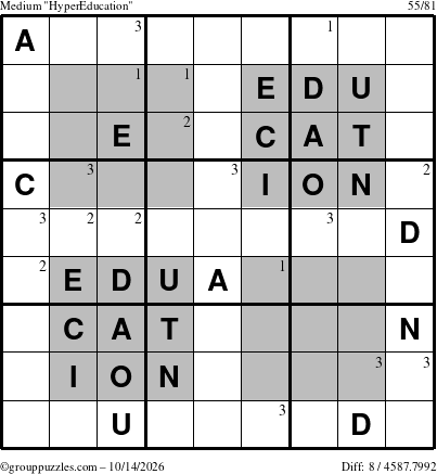 The grouppuzzles.com Medium HyperEducation-i23 puzzle for Wednesday October 14, 2026 with the first 3 steps marked
