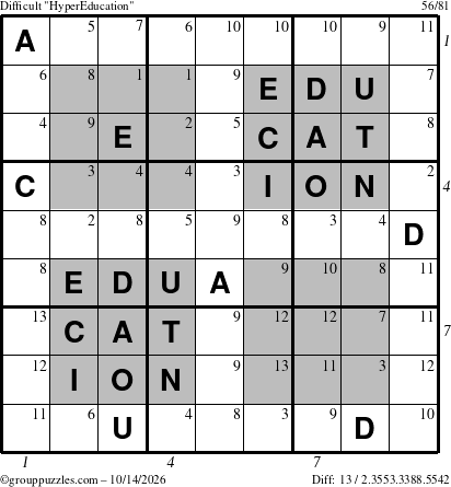The grouppuzzles.com Difficult HyperEducation-i23 puzzle for Wednesday October 14, 2026 with all 13 steps marked