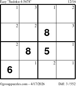 The grouppuzzles.com Easy Sudoku-4-5678 puzzle for Friday April 17, 2026 with the first 3 steps marked