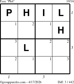 The grouppuzzles.com Easy Phil puzzle for Friday April 17, 2026, suitable for printing, with all 3 steps marked
