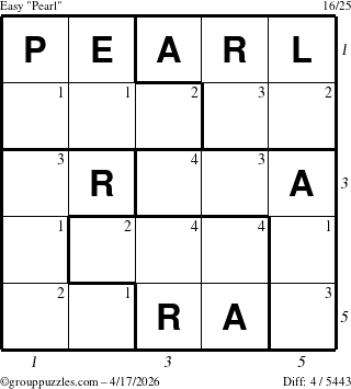 The grouppuzzles.com Easy Pearl puzzle for Friday April 17, 2026, suitable for printing, with all 4 steps marked