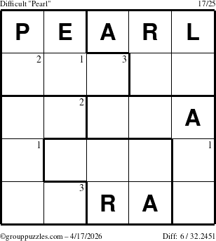 The grouppuzzles.com Difficult Pearl puzzle for Friday April 17, 2026 with the first 3 steps marked