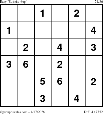 The grouppuzzles.com Easy Sudoku-6up puzzle for Friday April 17, 2026