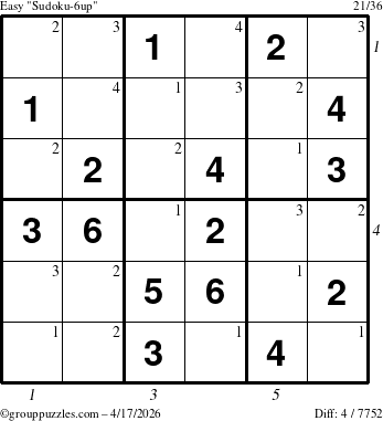 The grouppuzzles.com Easy Sudoku-6up puzzle for Friday April 17, 2026 with all 4 steps marked