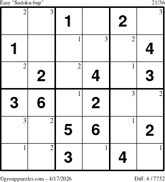 The grouppuzzles.com Easy Sudoku-6up puzzle for Friday April 17, 2026 with the first 3 steps marked