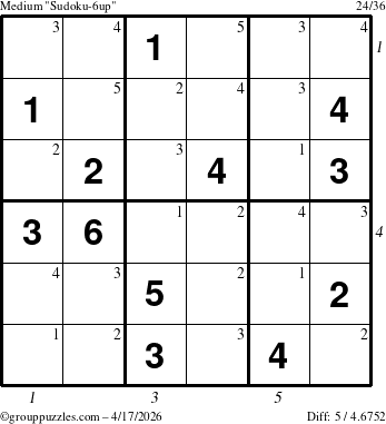 The grouppuzzles.com Medium Sudoku-6up puzzle for Friday April 17, 2026 with all 5 steps marked