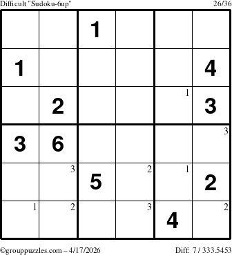 The grouppuzzles.com Difficult Sudoku-6up puzzle for Friday April 17, 2026 with the first 3 steps marked