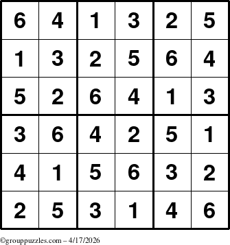 The grouppuzzles.com Answer grid for the Sudoku-6up puzzle for Friday April 17, 2026