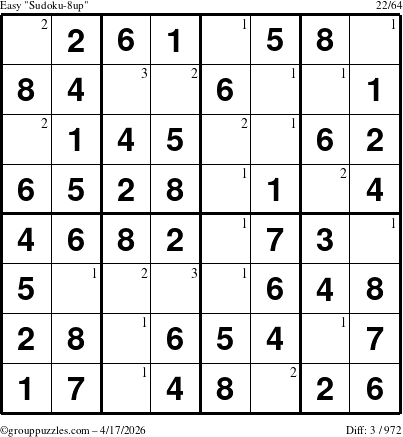 The grouppuzzles.com Easy Sudoku-8up puzzle for Friday April 17, 2026 with the first 3 steps marked